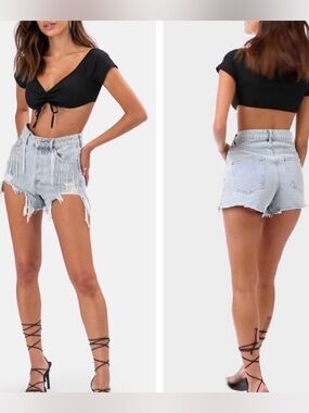 Adika Rhinestone Fringe Denim Distressed Jean Shorts 💎